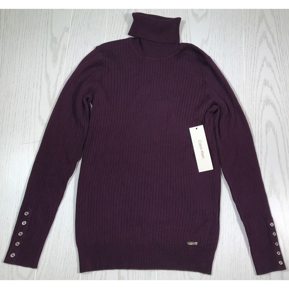 Calvin Klein Sweaters - Calvin Klein Ribbed Mock Neck Sweater Womens S Purple Stretch Preppy Rayon New